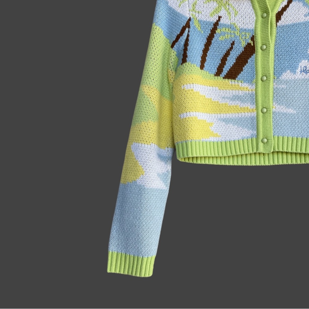 HOUSE OF SUNNY Lime Green Blue Tropical Knit Cropped Collared Cardigan Sweater - Picture 9 of 17